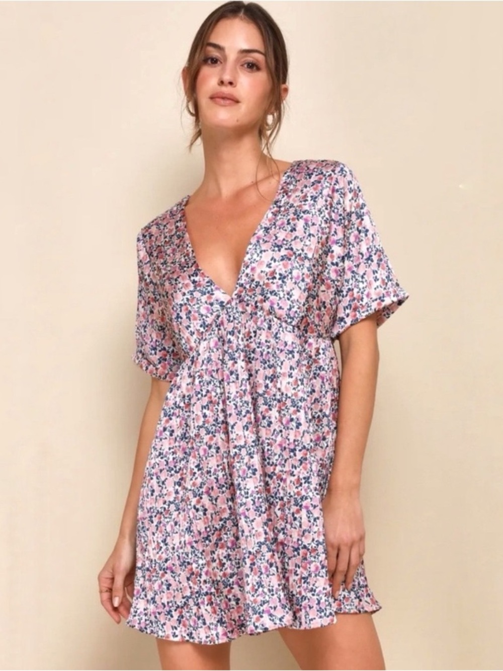 Lulus Express Yourself Blush Pink Floral Print Satin Babydoll mini Dress medium